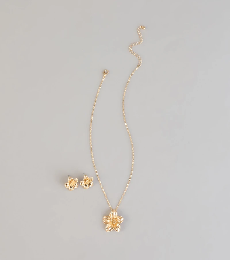 Bloom Mood Flower Necklace And Stud Earrings Set