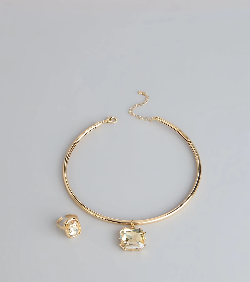 Bold Shine Rhinestone Pendant Necklace And Ring Set