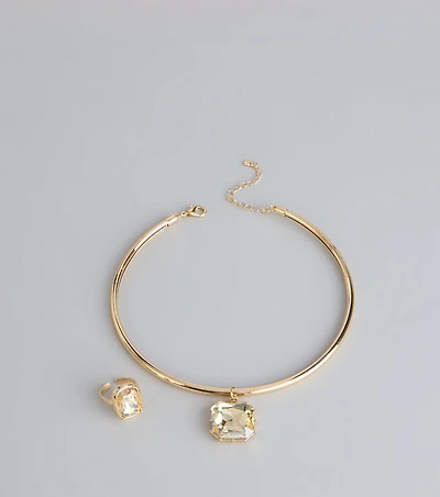 Bold Shine Rhinestone Pendant Necklace And Ring Set