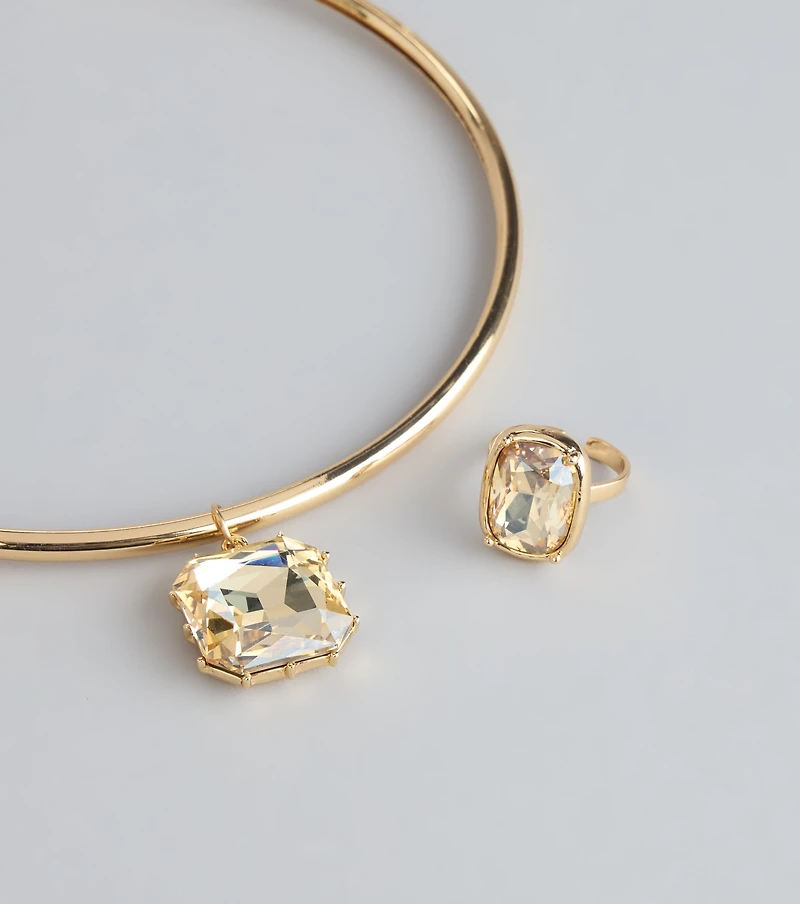 Bold Shine Rhinestone Pendant Necklace And Ring Set