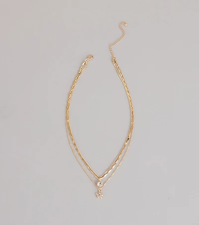 Pretty Glam Rhinestone Flower Charm Layered Necklace