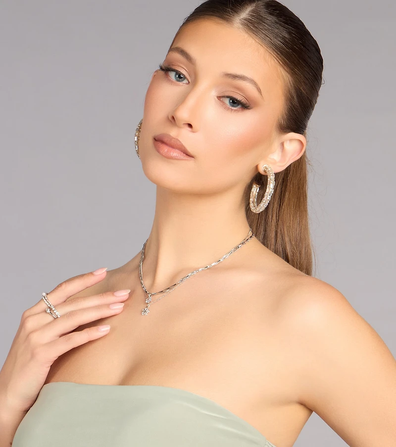 Pretty Glam Rhinestone Flower Charm Layered Necklace