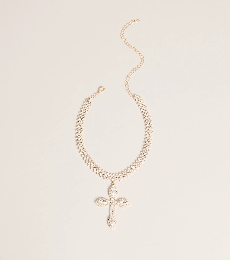 Bold Shine Rhinestone Cross Statement Necklace