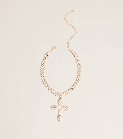Bold Shine Rhinestone Cross Statement Necklace