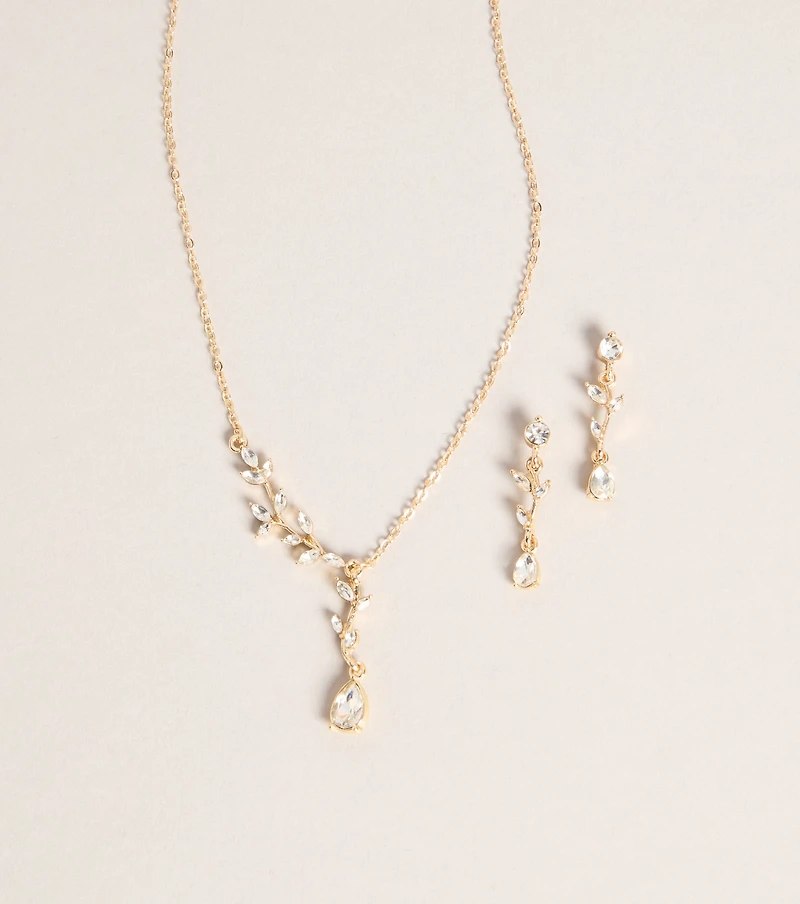 Soft Shine Rhinestone Leaf Necklace And Earrings Set