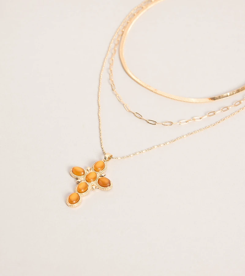Chic Layers Stone Cross Charm Necklace