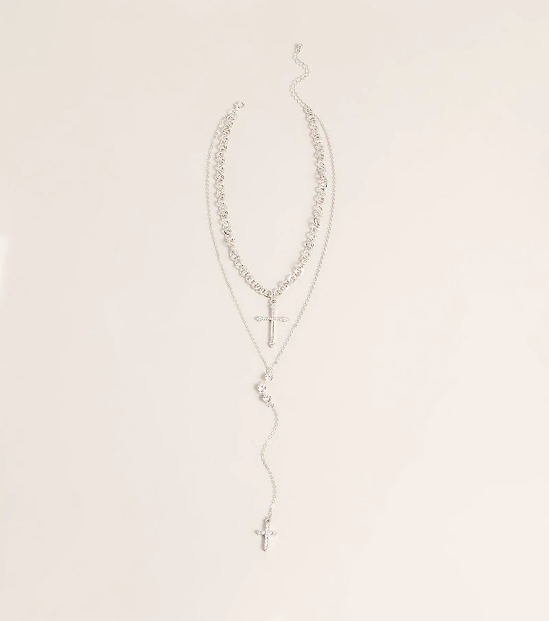Layered Sparkle Rhinestone Cross Charm Lariat Necklace