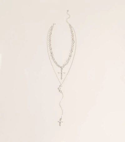 Layered Sparkle Rhinestone Cross Charm Lariat Necklace