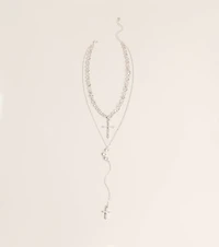 Layered Sparkle Rhinestone Cross Charm Lariat Necklace