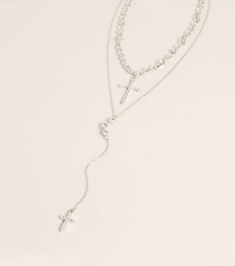 Layered Sparkle Rhinestone Cross Charm Lariat Necklace
