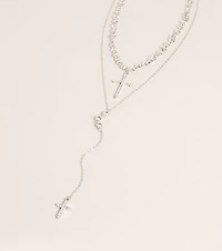 Layered Sparkle Rhinestone Cross Charm Lariat Necklace