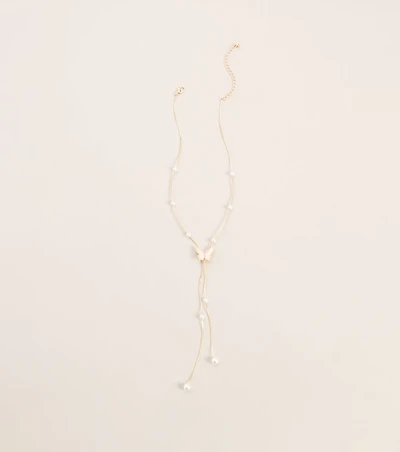Caught Fluttering Pearl Butterfly Lariat Necklace