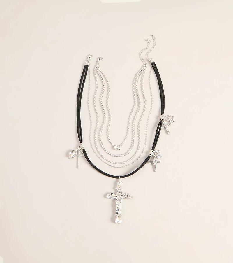 Cross My Heart Rhinestone Layered Necklace Set