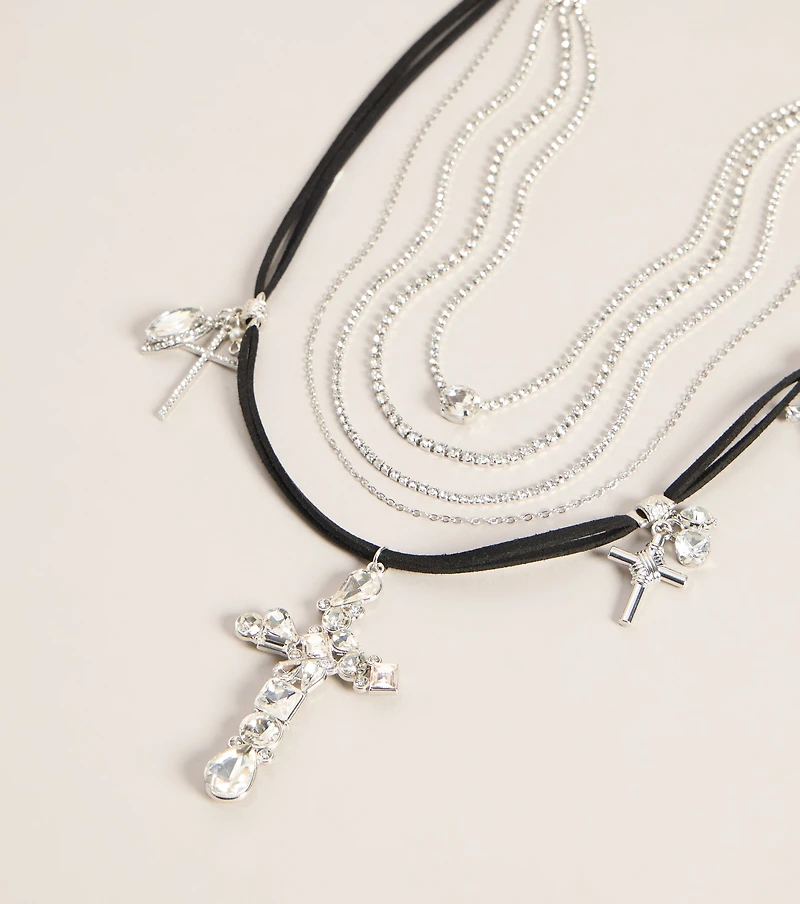Cross My Heart Rhinestone Layered Necklace Set