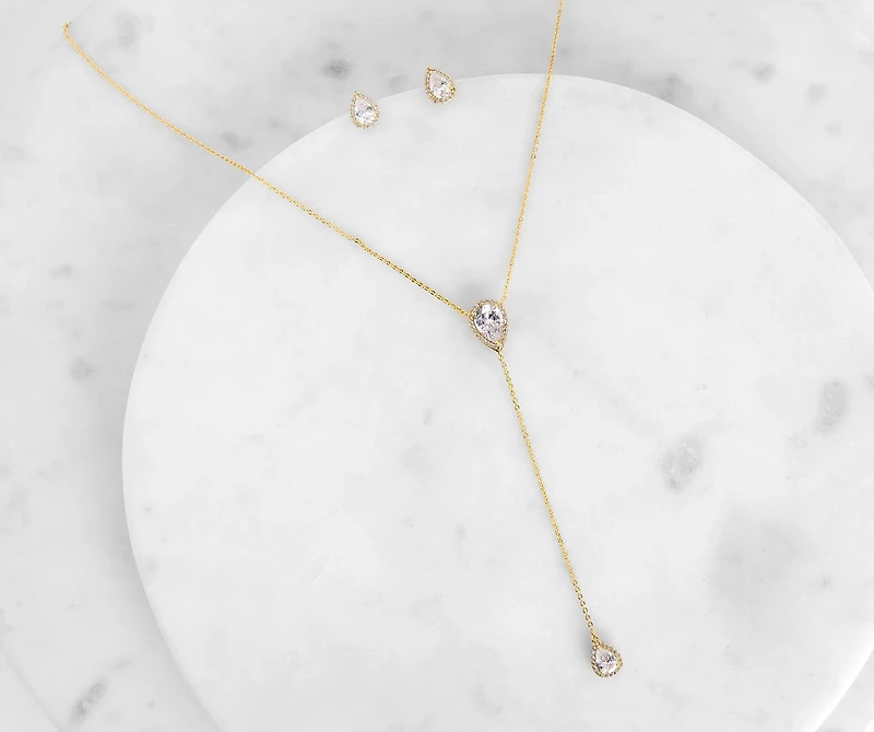 Cubic Zirconia Lariat Teardrop Necklace Set