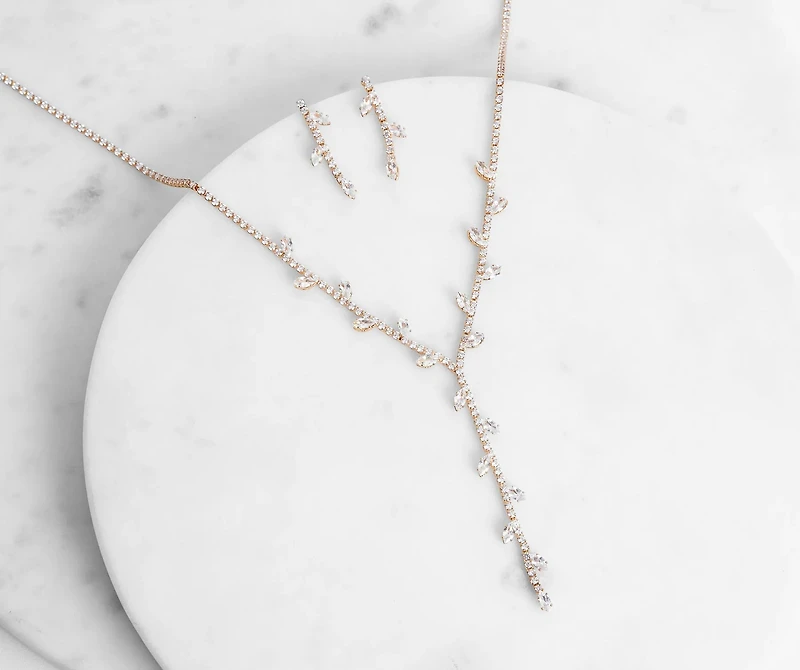 Cubic Zirconia Leaf Necklace And Earrings Set