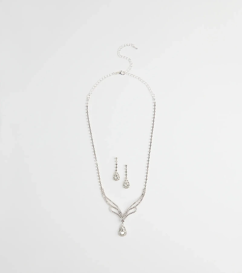 Regal Teardrop Rhinestone Necklace And Earrings Set