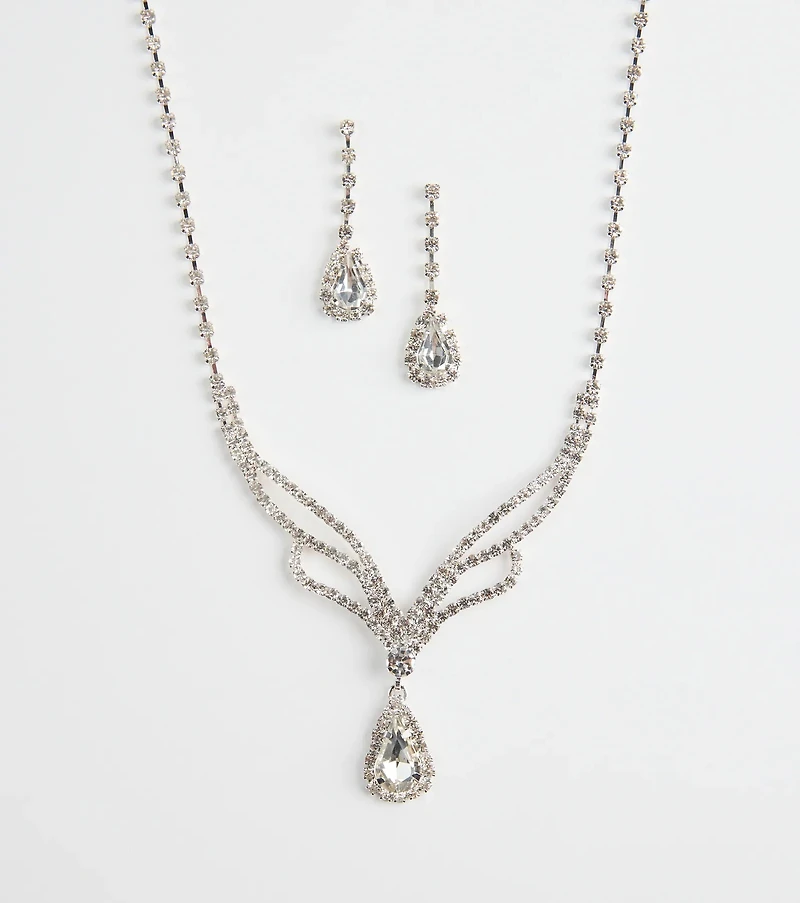 Regal Teardrop Rhinestone Necklace And Earrings Set