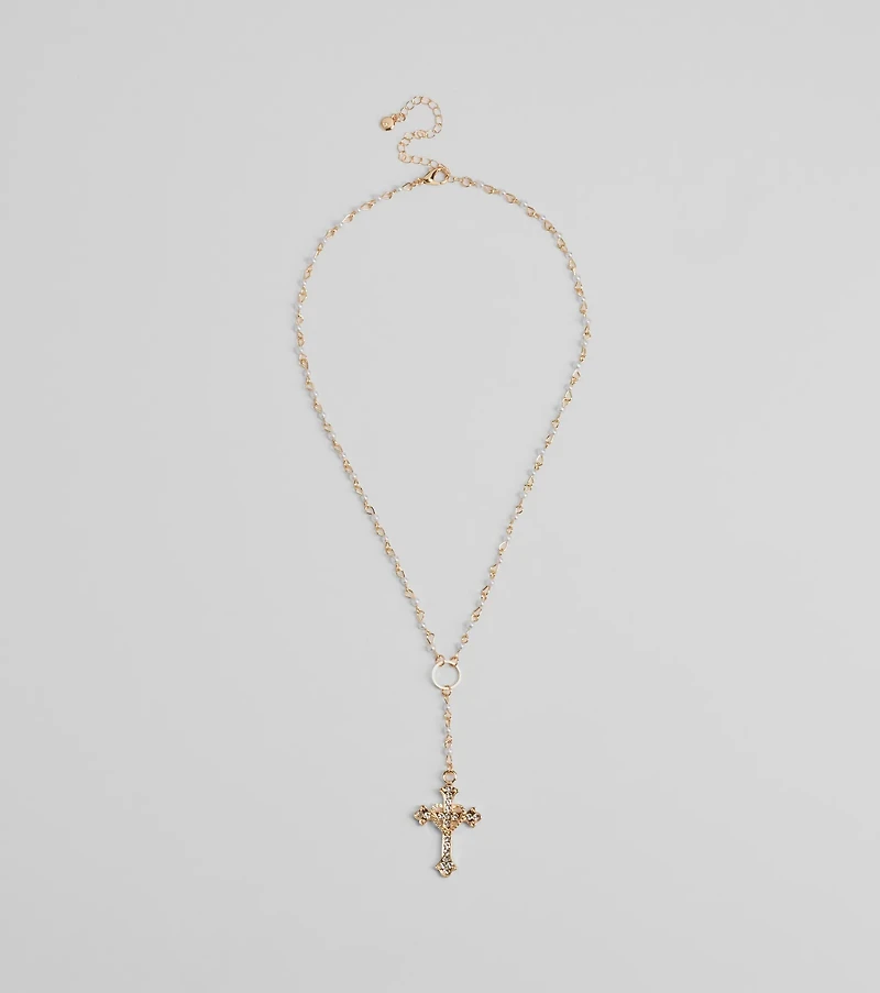 Pretty Sparkle Rhinestone Cross Pearl Lariat Necklace