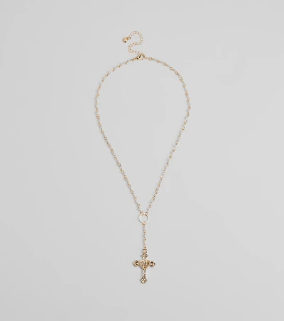 Pretty Sparkle Rhinestone Cross Pearl Lariat Necklace