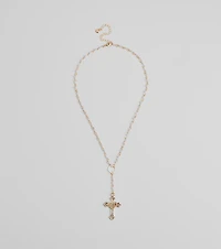 Pretty Sparkle Rhinestone Cross Pearl Lariat Necklace