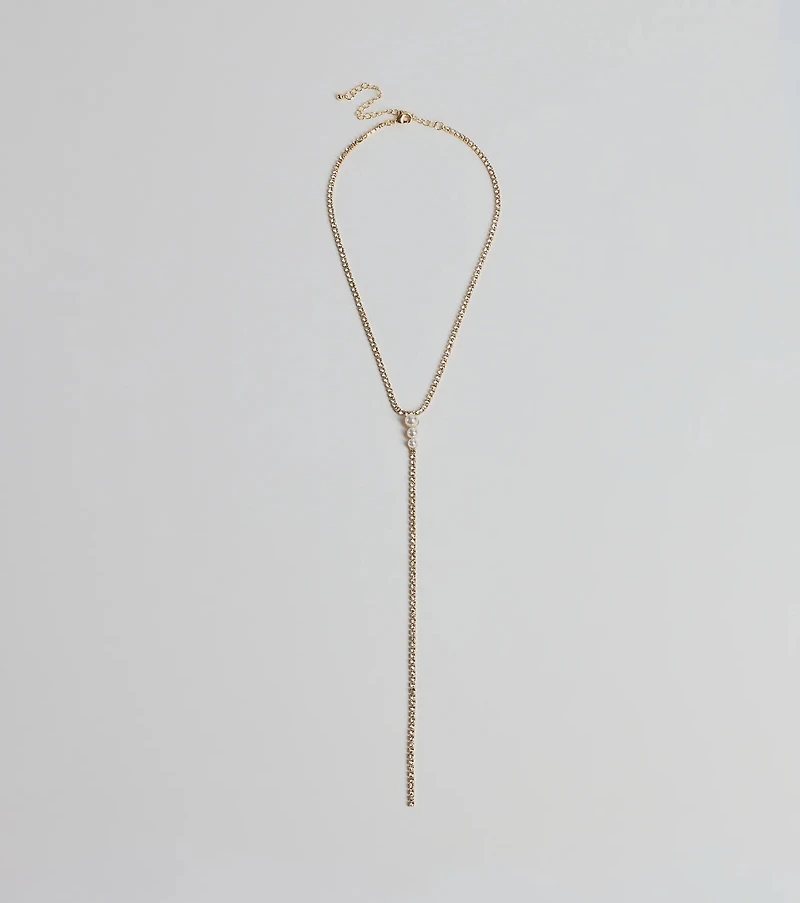 Luxe Glam Rhinestone And Pearl Lariat Necklace
