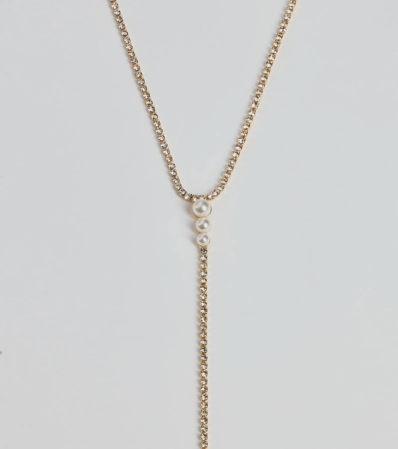 Luxe Glam Rhinestone And Pearl Lariat Necklace