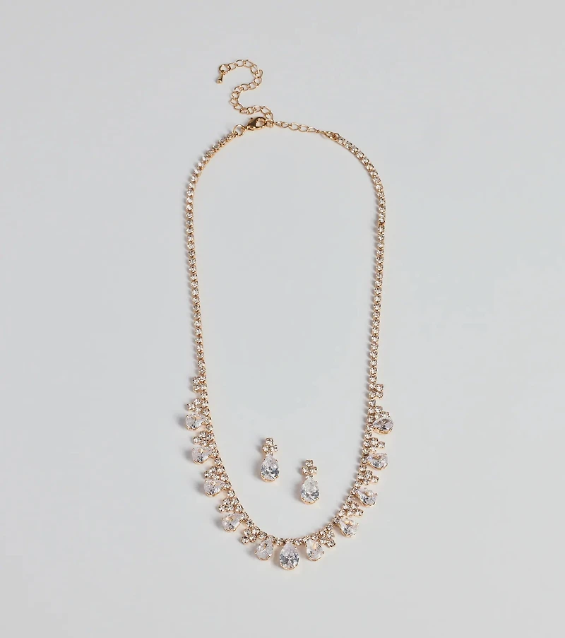 Glitzy Teardrop Rhinestone Necklace And Earrings Set
