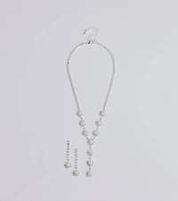 Truly Glam Rhinestone and Pearl Lariat Necklace Set