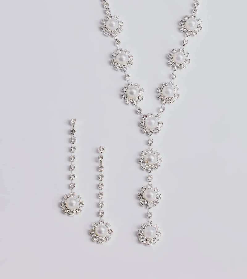 Truly Glam Rhinestone and Pearl Lariat Necklace Set