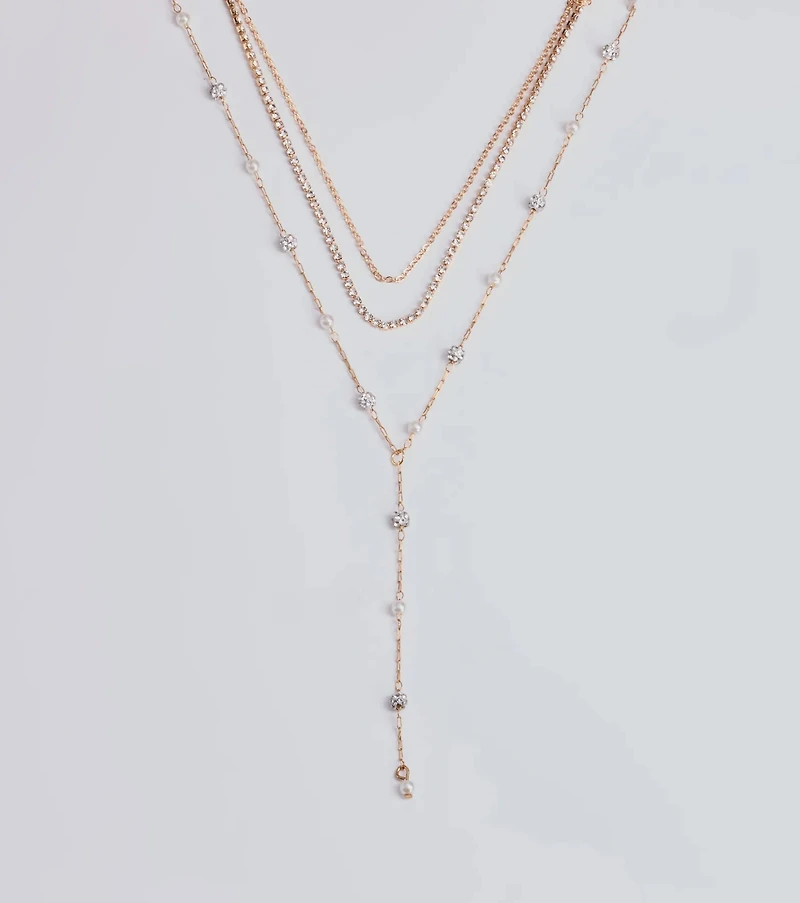 Glam Moment Rhinestone and Faux Pearl Lariat Necklace Set