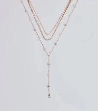Glam Moment Rhinestone and Faux Pearl Lariat Necklace Set