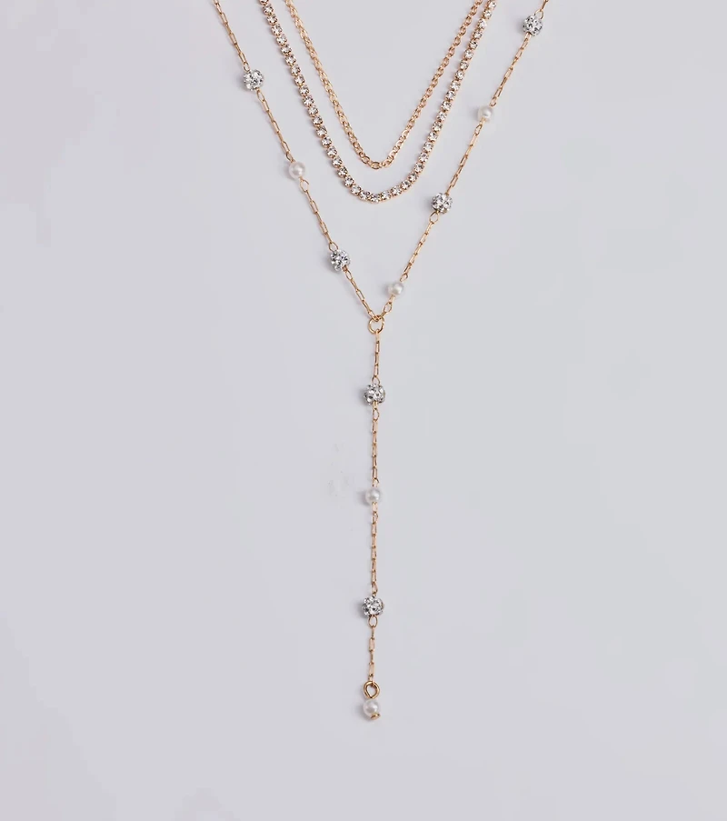 Glam Moment Rhinestone and Faux Pearl Lariat Necklace Set