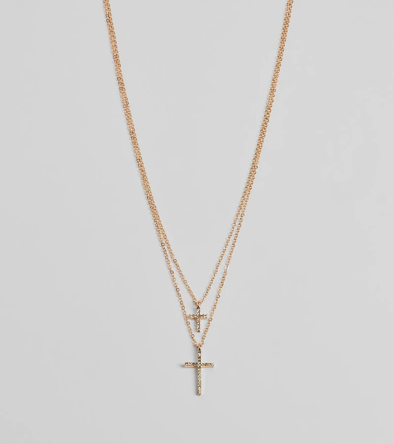Chic Rhinestone Cross Charm Layered Necklace