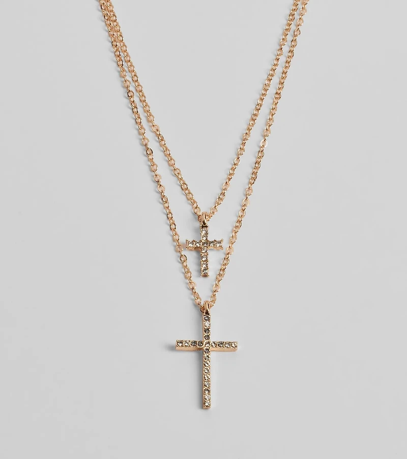 Chic Rhinestone Cross Charm Layered Necklace