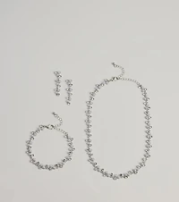 Glimmering Rhinestone And Pearl Necklace, Bracelet, And Earrings Set