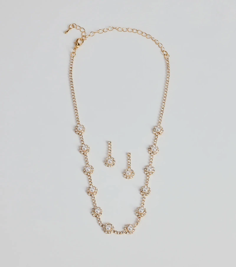 Unforgettable Faux Pearl Rhinestone Necklace And Earrings