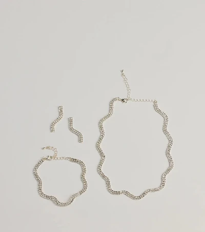 Shine On Wavy Rhinestone Necklace, Earrings, And Bracelet Set