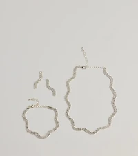 Shine On Wavy Rhinestone Necklace, Earrings, And Bracelet Set