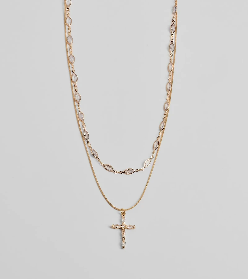 Graceful Shine Layered Cross Charm Rhinestone Necklace