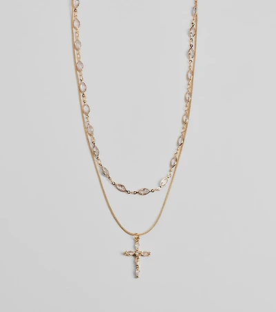 Graceful Shine Layered Cross Charm Rhinestone Necklace