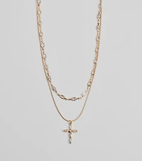 Graceful Shine Layered Cross Charm Rhinestone Necklace