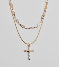 Graceful Shine Layered Cross Charm Rhinestone Necklace