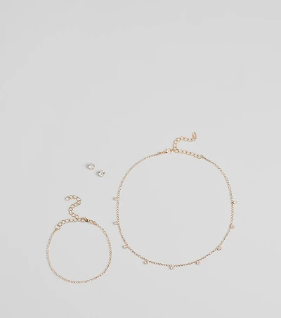 Delicate Glam Rhinestone Necklace, Bracelet, And Earrings Set
