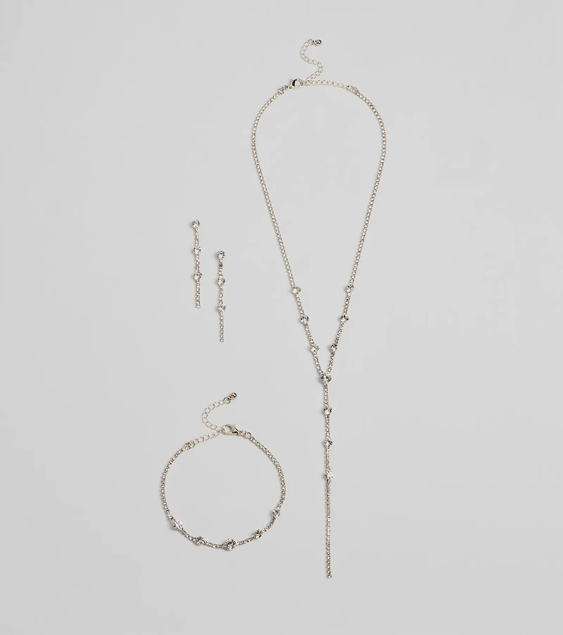 Glam Rhinestone Lariat Necklace, Bracelet, And Earrings Set