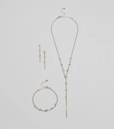 Glam Rhinestone Lariat Necklace, Bracelet, And Earrings Set