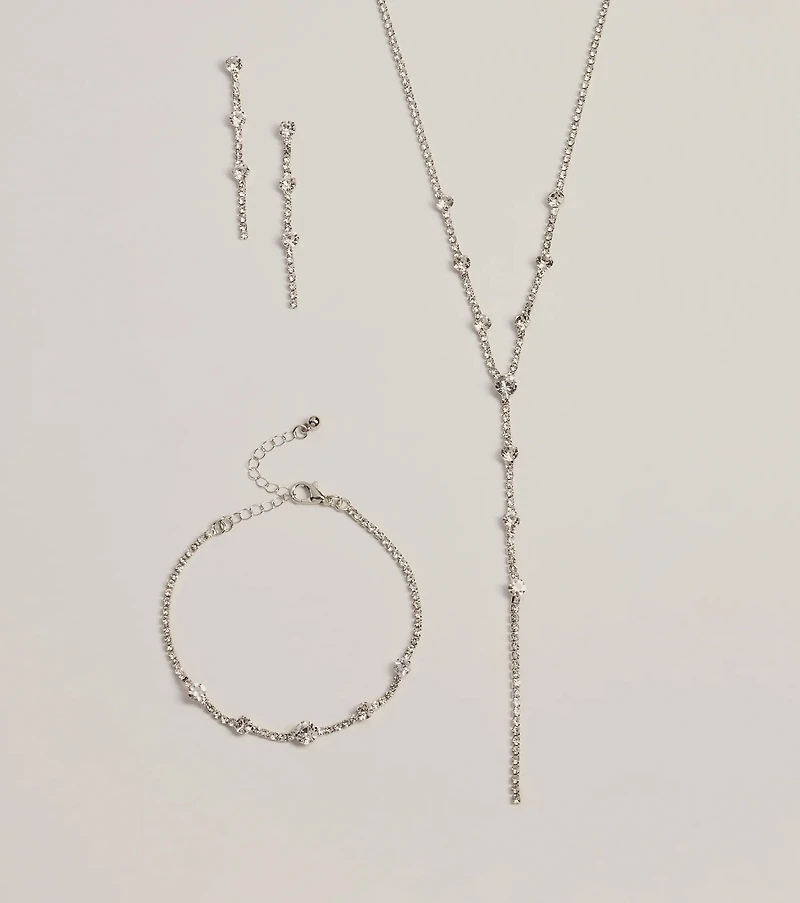 Glam Rhinestone Lariat Necklace, Bracelet, And Earrings Set