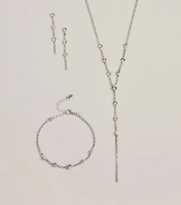 Glam Rhinestone Lariat Necklace, Bracelet, And Earrings Set