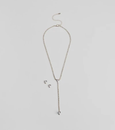 Simple Glitz Rhinestone Lariat Necklace And Stud Earrings Set