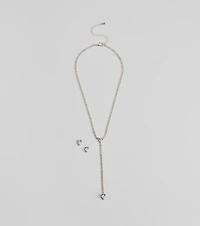 Simple Glitz Rhinestone Lariat Necklace And Stud Earrings Set